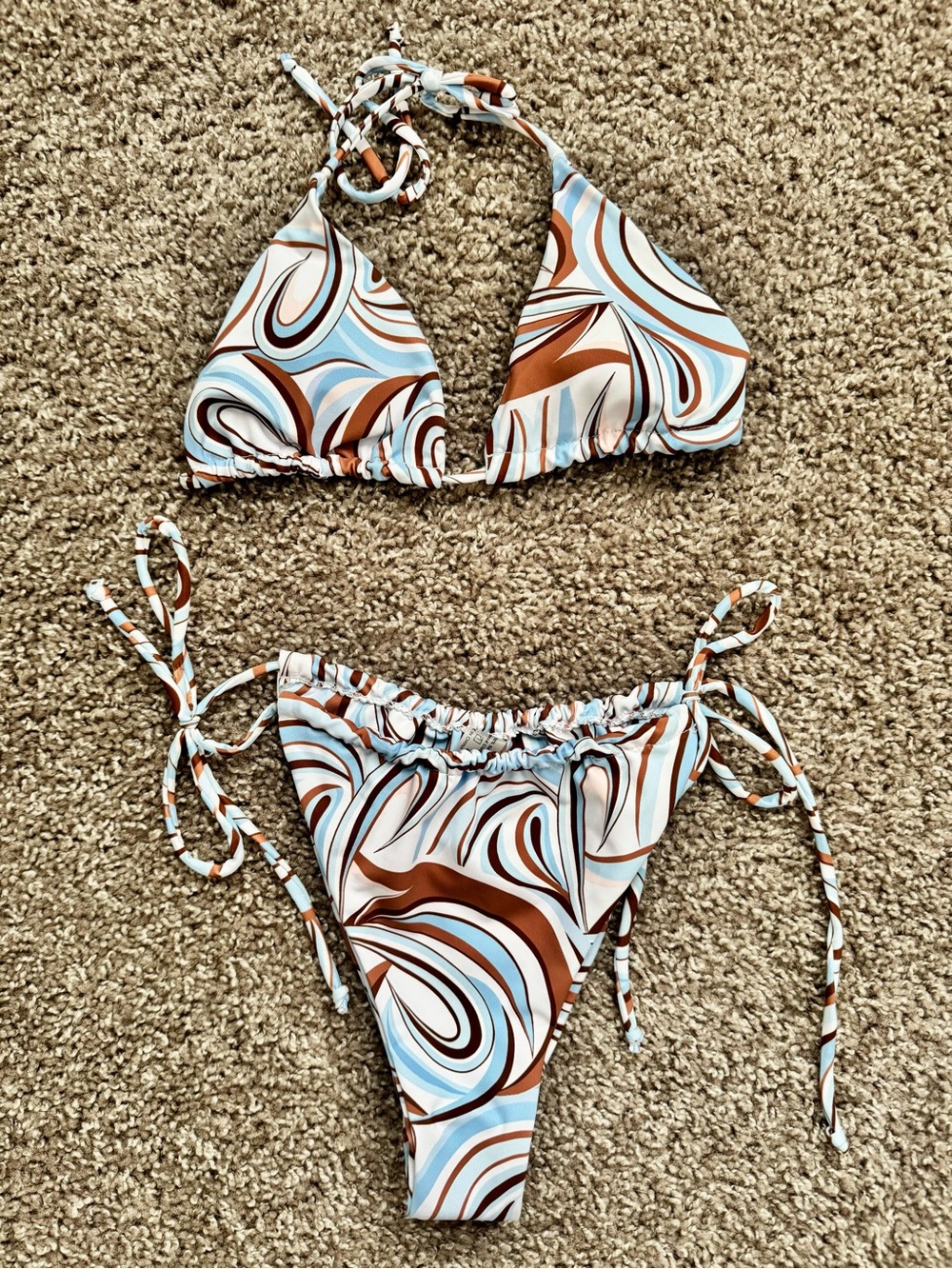 NWT Retro Swirl Print String Bikini Set Y2K Blue Brown Swimwear Small